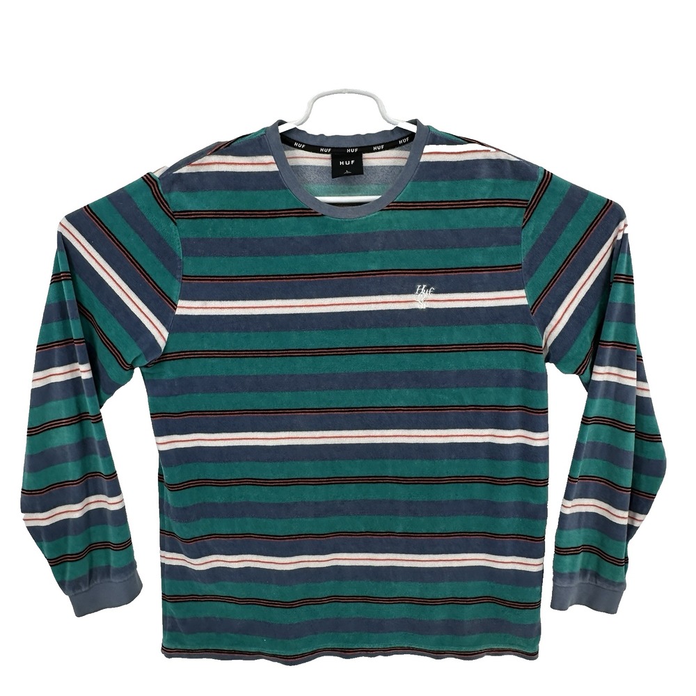 HUF Men's L Green Blue Striped Long Sleeve Shirt Embroidered Logo Terry Cloth